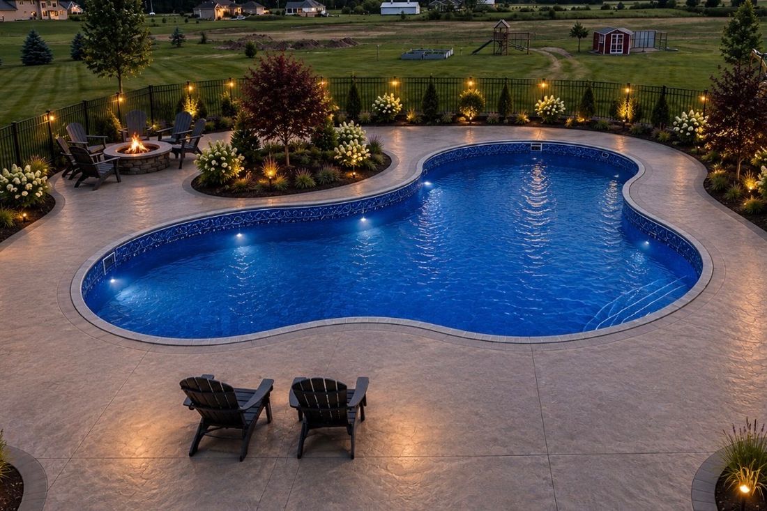 Completed Brighton Pools backyard with pool, patio, and landscaping at dusk